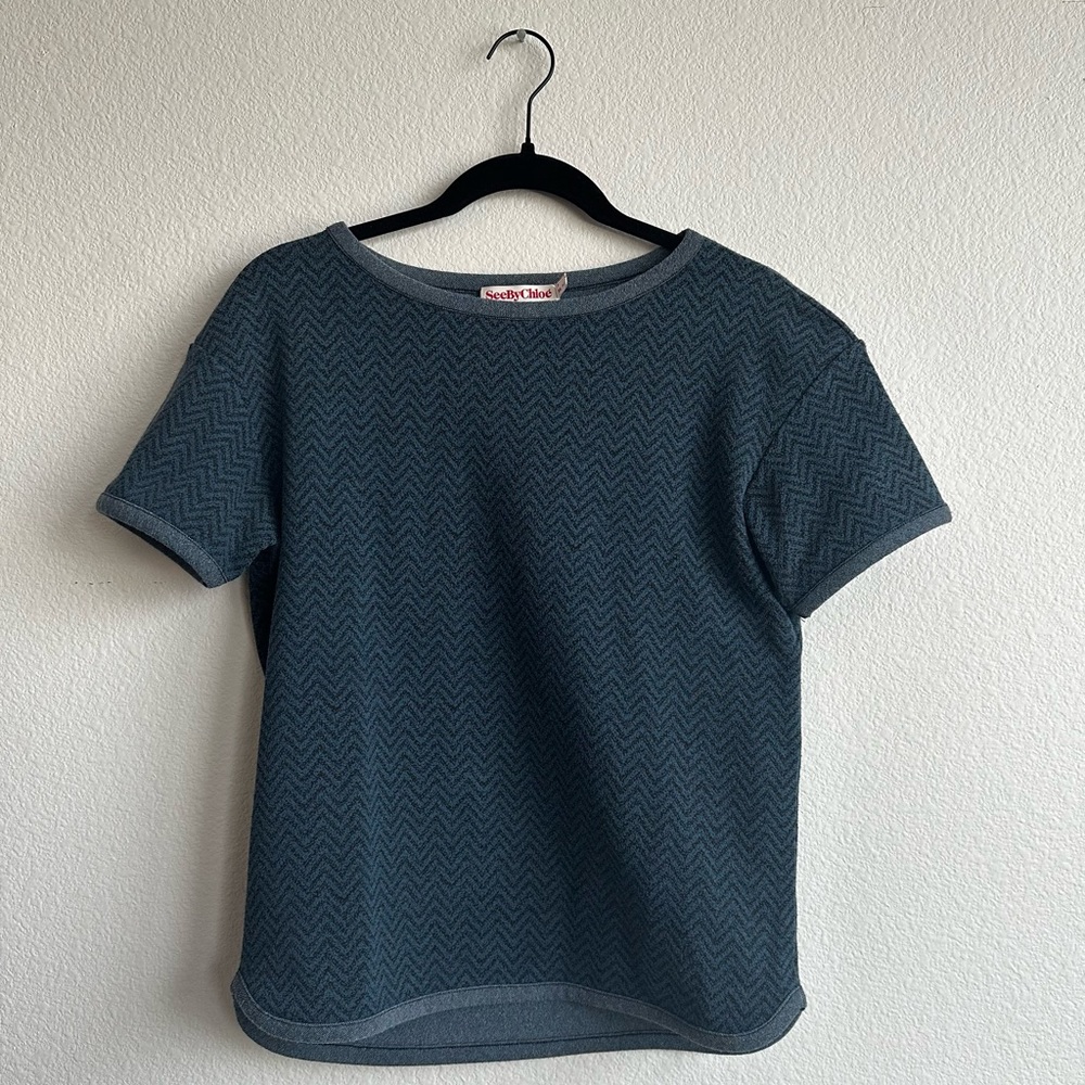 See By Chloe	 Size 6 Navy and Black Chevron Short Sleeve Shirt